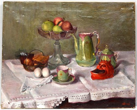 Rossi G. "La colazione", olio su tela (cm 60x74) firmato in basso a destra e...