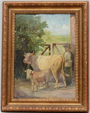 Firma indecifrata, "Mucca e vitello", olio su compensato (cm 42x31) firmato...