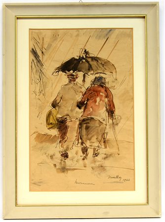 Giuseppe Novello (Codogno 1897 - 1988) "Borsa nera" china e acquerelli su...