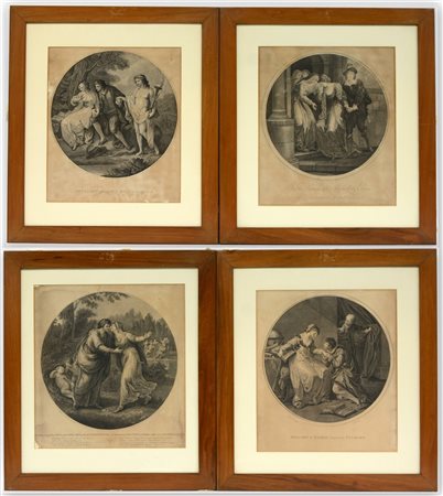 Lotto di quattro incisioni da autori differenti, in cornici (difetti)