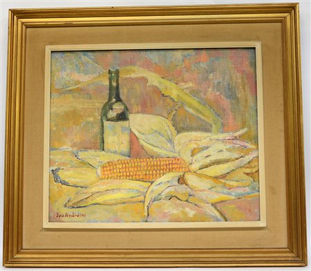 Ivo Andreini "Natura morta con vino e pannocchia", olio su tela (cm 50x60)...