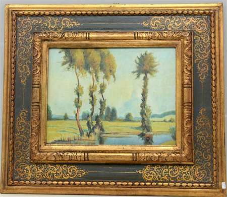 Ignoto, "Paesaggio lacustre", olio su cartone telato (cm 27x35), in cornice a...