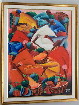 Alberto "Composizione con africane", tempera su tela incollata su pannello...