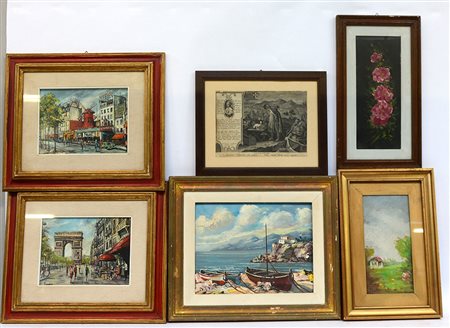 Cartone contenente otto cornici alcune contenenti stampe, olii e acquerelli