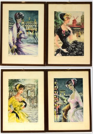 Lotto di quattro litografie raffiguranti mademoiselle con monumenti parigini,...