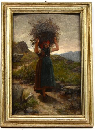 Luigi Bianchi (1827 - 1914) "Contadina con gerla", olio su tavola (cm...