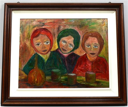 Firma indecifrata, "Le tre amiche", olio su compensato (cm 55x70) firmato e...
