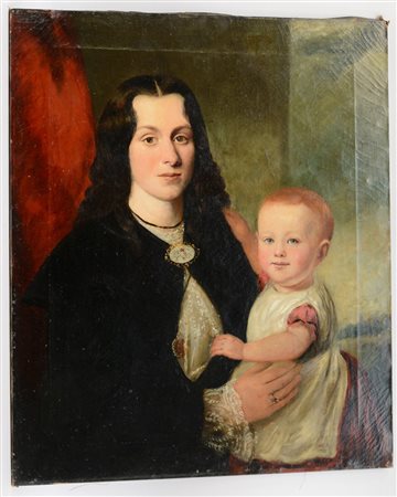 Maestro inglese del secolo XIX - "Ritratto da madre e figlia", olio su tela...