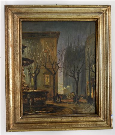 Firma indecifrata, "Piazza Fontana", olio su tavola (cm 50x40) firmato e...