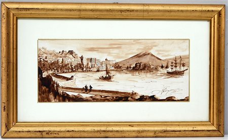 Felice Curti "Lungomare di Napoli", china su carta (cm 16x37,5) firmato in...