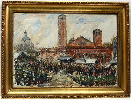 Colombo "Mercato in piazza sant'Ambrogio", olio su tela (cm 50x70) firmato in...