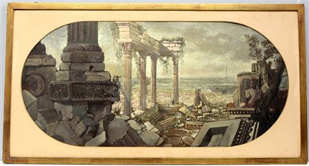 Ignoto, "Rovine classiche" olio su tela (cm 47x99). In cornice (lievi difetti)