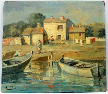 Lamberto Lamberti "Case di pescatori" 1968, olio su masonite (cm 80x89)...