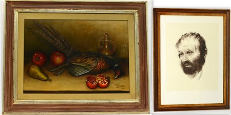 Lotto composto da un dipinto ad olio raffigurante natura morta e una...