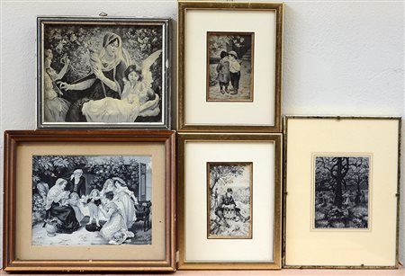 Lotto di cinque tableau tissÈ Jaquard in nuance di grigi di soggetti e misure...