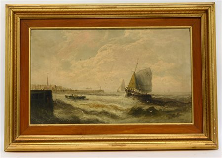Byron W. "Marina con porto", olio su tela (cm 30,5x51) firmato in basso a...