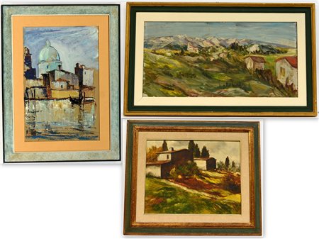 Lotto composto da tre dipinti ad olio di autori, soggetti e misure diverse,...