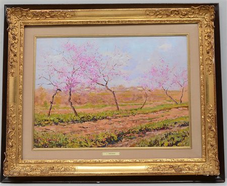 Pirovano Tino (1932 - 2013) "Alberi a primavera", olio su masonite (cm 40x55)...