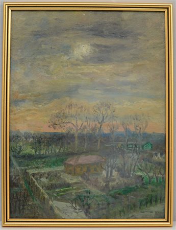 Neonato "Giardini di Villa litta" 1970. olio su pannello (cm 40x30),...