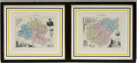 Lotto di due incisioni acquerellate raffiguranti regioni francesi (cm 24x28...