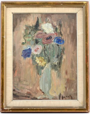 Firma indecifrata, "Vaso di fiori" olio su tavola (cm 40x30) firmato in basso...