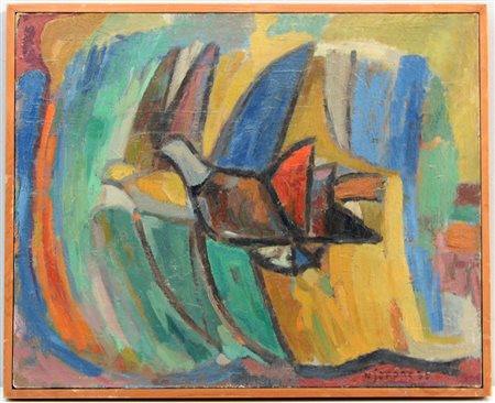 Sapone N. "Uccelli" 1955, olio su tela (cm 40x50) firmato e datato in basso a...