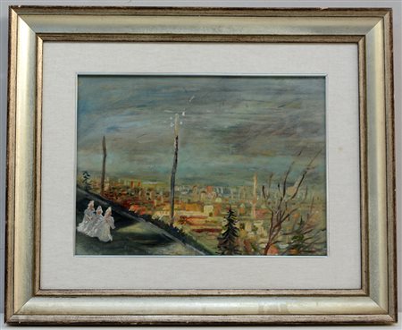 Ignoto, "Paesaggio con tre figure" olio su tavola (cm 30x42). In cornice.