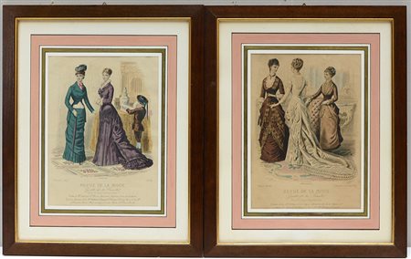 Lotto di due incisioni acquerellate del sec. XIX raffiguranti abiti di moda...