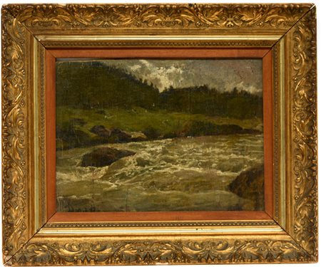 Maestro del secolo XIX - "Paesaggio con fiume" olio su tela incollato su...