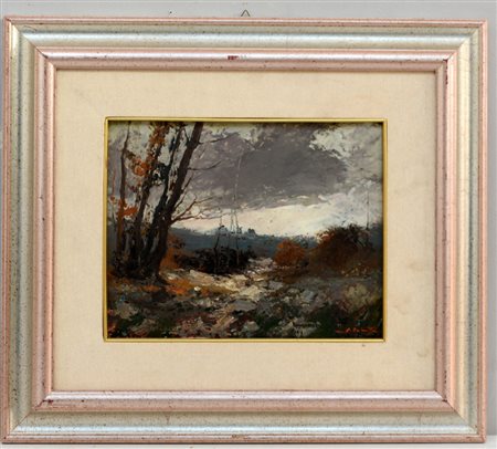 Firma indecifrata, "Paesaggio" olio su cartoncino (cm 22x28) firmato in basso...