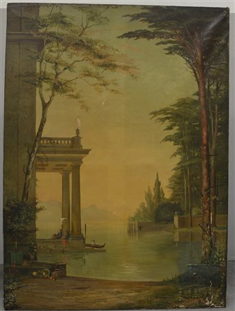 Scuola del secolo XIX - "Paesaggio lacustre con scorci architettonici",...