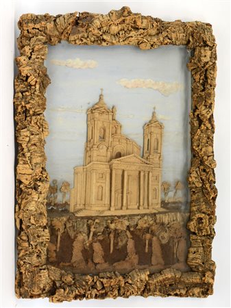 Diorama raffigurante una cattedrale in sughero con fondale a tempera (cm...