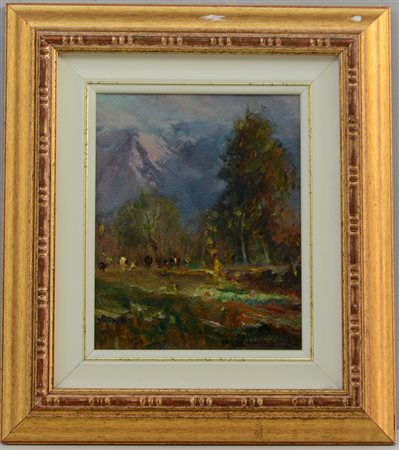 Firma indecifrata, "Paesaggio", olio su cartone, (cm 26x21), firmato in basso...