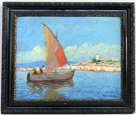 Firma indecifrata, "Paesaggio con barca a vela" olio su cartone pressato (cm...