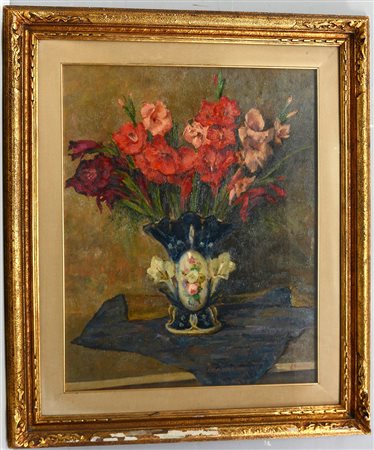 Edoardo Guazzoni (1869 - 1946) "Vaso con gladioli", olio si tela (cm 76x61)...