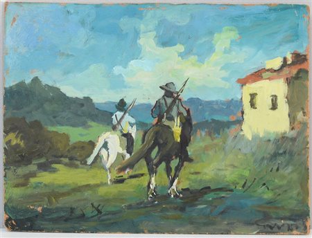 Ignoto, "Cavalli e cavalieri" olio su masonite (cm 30x39,8). (Difetti)