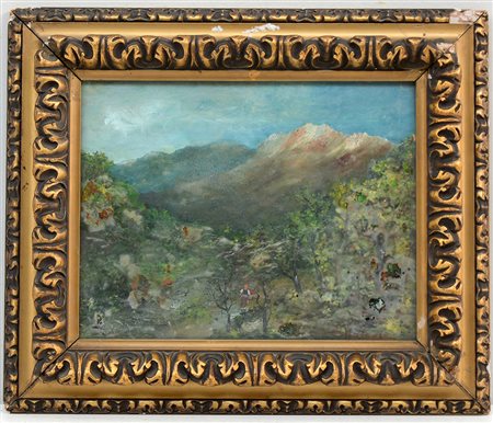 Firma indecifrata, "Paesaggio" olio su tavola (cm 24,5x31,5) firmato in basso...