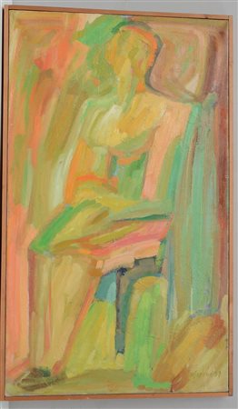 Sapone N. "Nudo femminile", olio su tela (cm 85x50) firmato e datato 1957 in...