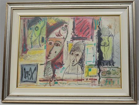 Ignoto "Composizione con figure" tecnica mista su cartone (cm 50x70), in cornice