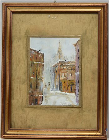 Firma indecifrata, "Vecchia Milano, via Laghetto", olio su carta (cm 23,5x18)...