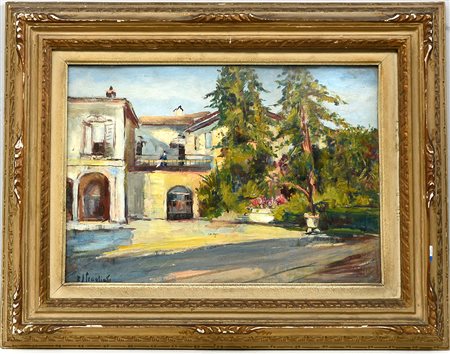 Firma indecifrata, "Scorcio di villa", olio su compensato (cm 35,5x50)...