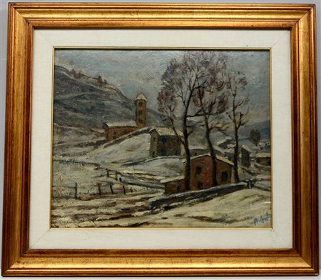 Firma indecifrata, "Paesaggio innevato", olio su cartone telato (cm 45x55)...