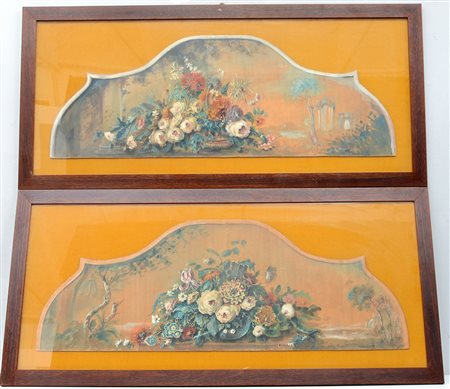 Studio per due sovrapporte con composizioni floreali, olio magro su...