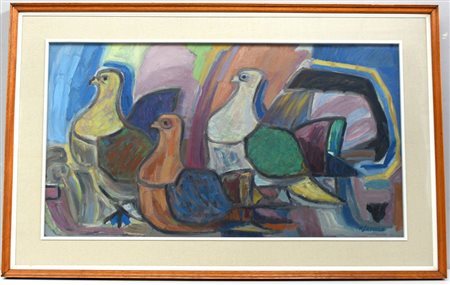 Sapone N. "Uccelli" olio su tela (cm 48x87) firmato in basso a destra. In...