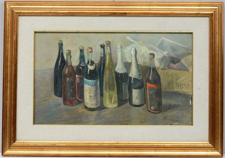 Firma indecifrata, "Bottiglie" olio su cartone telato (cm 28,5x 48,5) firmato...