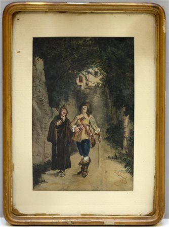 Scuola del secolo XIX, "Fra' Cristoforo e don Rodrigo", acquerello (cm 25x17)...