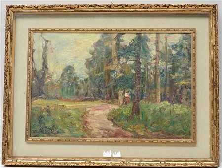 Firma indecifrata, "Paesaggio" olio su masonite (cm 40x60) firmato in basso a...