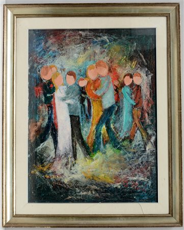 Firma indecifrata, "La festa da ballo" 1973, olio su tela (cm 80x59) firmato...