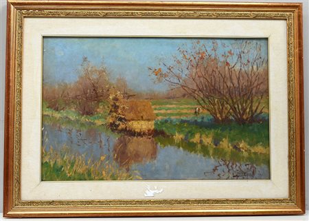 Pellegrini Romolo "Risaie", olio su tela (cm 43x67) firmato e datato 1899 in...