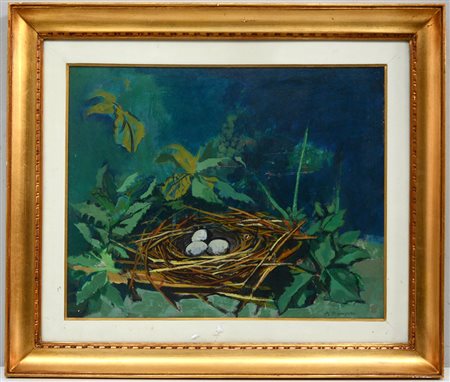 Ramponi "Il nido", olio su cartone telato (cm 40x50) firmato in basso a...